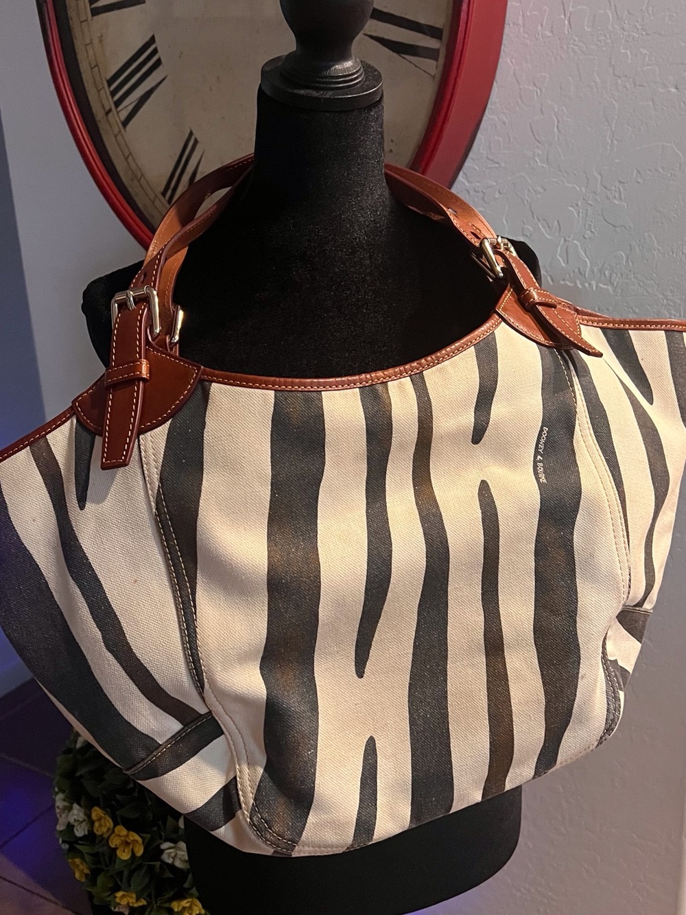 Dooney & Bourke Zebra-Stripe Canvas Tote with Brown Leather Trim